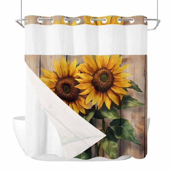 Watercolor Sunflower Retro Board No Hook Shower Curtain with Snap in Liner Set,Farm Brown Wood Grain Waterproof Fabric Shower Curtains with See Through Top Window for Bathroom,72Wx72L