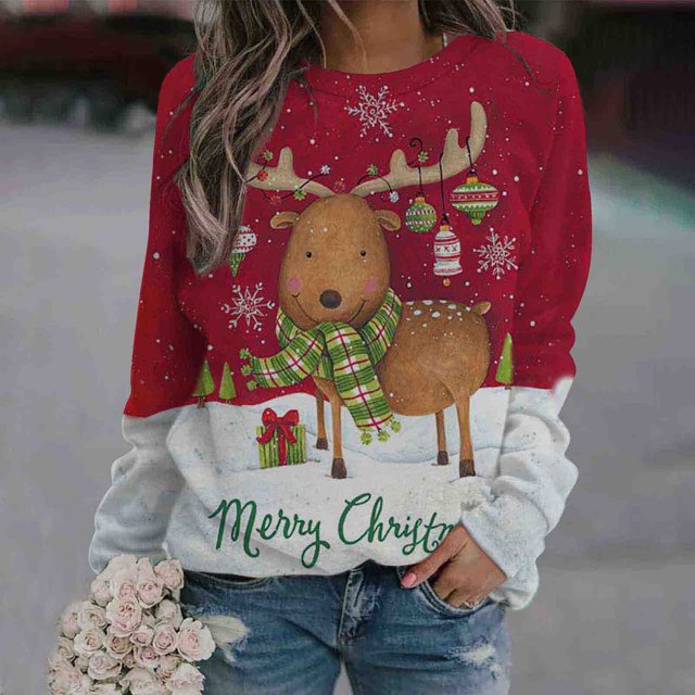 Pntutb, camisas informales de manga larga para mujer, sudadera de cuello redondo con estampado navideño, jersey de cuello redondo, tops tipo túnica Pntutb Pntutb-168
