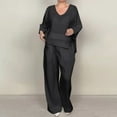 thumbnail image 3 of Wdfiry Womens 2 Piece Outfits Solid Color V Neck Pullover Lounge Tops and Pants Set Plus Size Cotton and Linen Loose Casual Set, 3 of 8