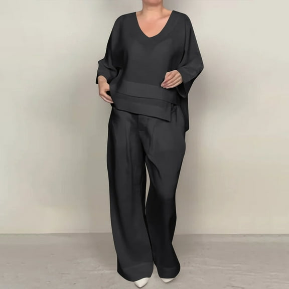 Homenesgenics 2-Piece Lounge Set Women'S Spring and Summer Solid-Color V-Neck Mid-Sleeve Top with Straight Pocket Pants Casual Set Black XXXXL