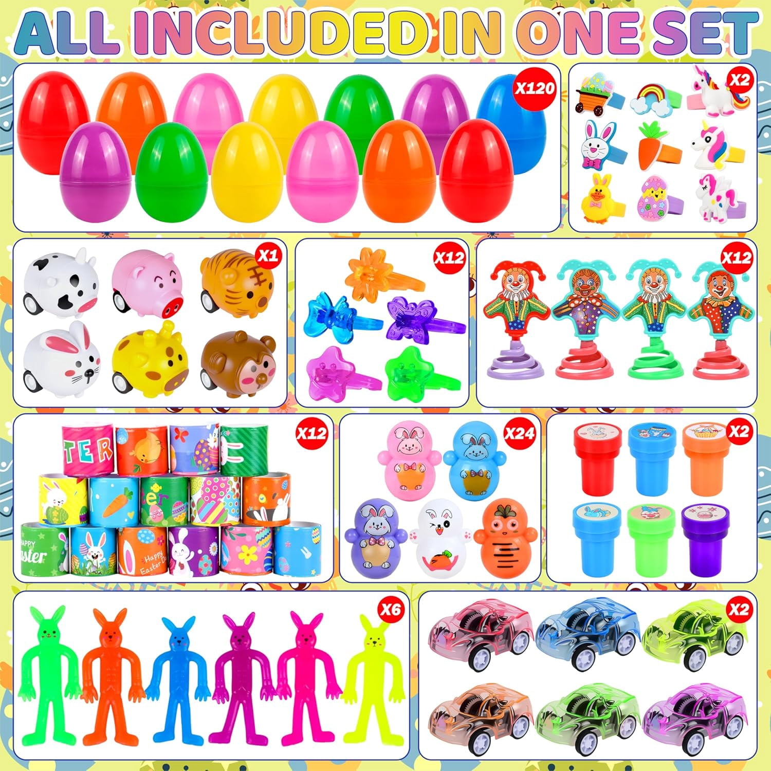 Prefilled Easter Egg Toy Set, 360 Pieces, 120 Plastic Eggs With 240 Mini Toys And Stickers, For Egg Hunt, Easter Basket Stuffers, Party Favors, Multicolor