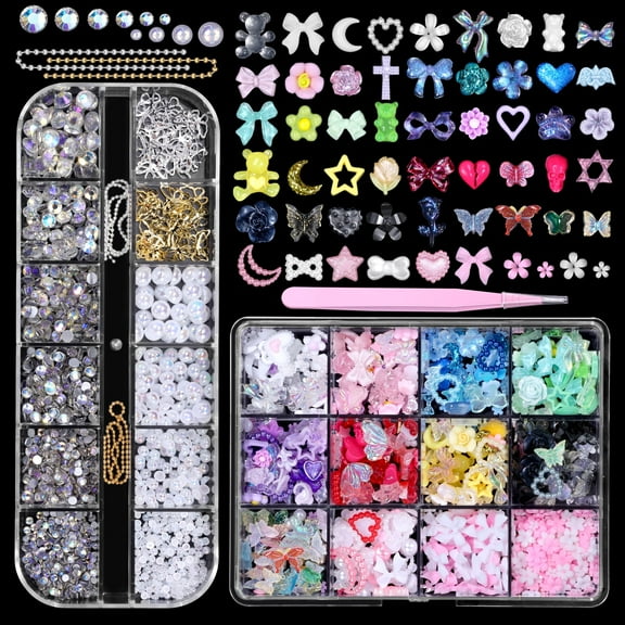 2 Boxes 3D Nail Charms Set, Color Butterfly Blossom Flower Bow Moon Heart Star Nail Art Charms, Half Round Pearl Flatback Gems AB Hollow Butterfly Alloy Nail Charms DIY Nail Art Supplies Accessories