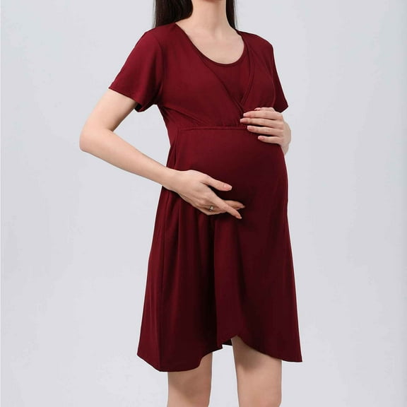 Maternity Dress for Women Casual Round Neck Short Sleeve High Waist Pregnant Nightgown Mini Dress Wine XL