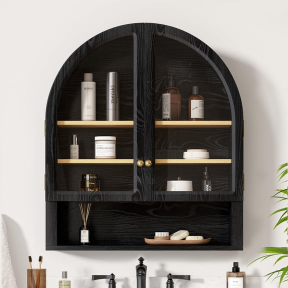 EYYTHUNG Arched Wall Cabinet, Floating Bathroom Medicine Cabinets, Modern Storage Cabinet with Acrylic Door and Open Shelf, Wall Mounted Storage Organizer for Bathroom, Laundry Room, Black-Oak