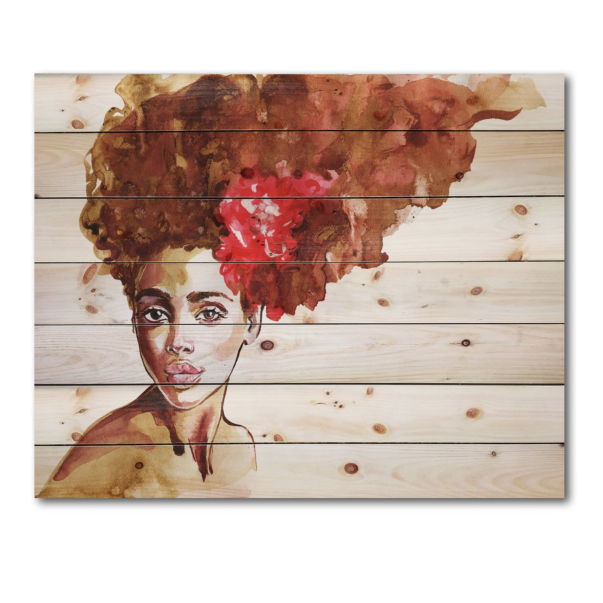 Designart 'Portrait of Young African American Woman II' Modern Print on Natural Pine Wood