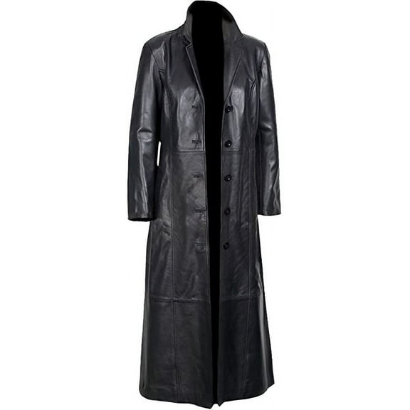 Women's Long Black Leather Trench Coat,  Black Glossy Original Sheepskin Long Leather Coat