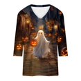 thumbnail image 3 of Women's Halloween Ghost Tops V Neck 3/4 Sleeve Festive Shirts Scary Pumpkin Graphic Blouses Casual Relaxed Fit Fall T-Shirts for Autumn Holiday Wear Vacation, 3 of 5