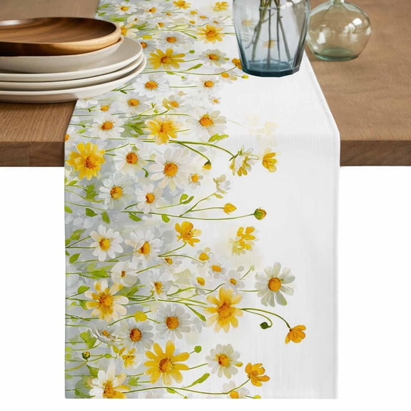 Yellow White Daisy Table Runner, Farmhouse Garden Flowers Blossom Washable Cotton Linen Table Runners 120 Inches Long, Dresser Scarf Runner for Dining/Living Room/Kitchen/Square Tables 13''x120''