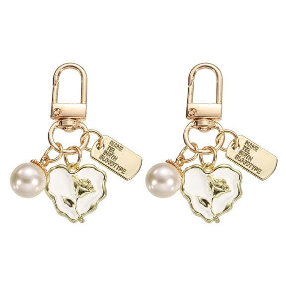 2Pcs Heart Keychain Charm for Women, Metal Cute Heart Tulips & Pearl Purse Bag Charm for Car Keyring (White/Gold)