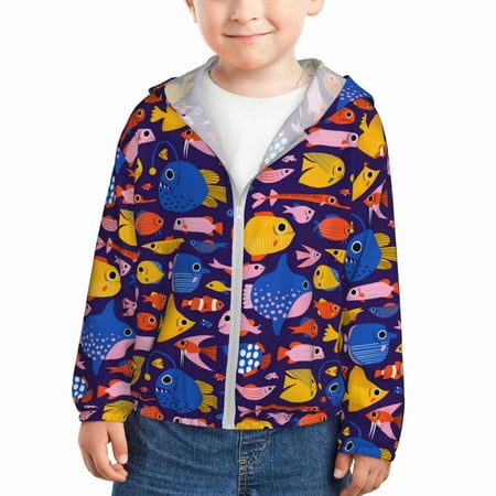 

Ocsxa Cute Flat Hand Drawn Fishes Print Kids Active Zipper Sun Protection Jacket Boys Girls Hooded Cooling Shirt-18 Months