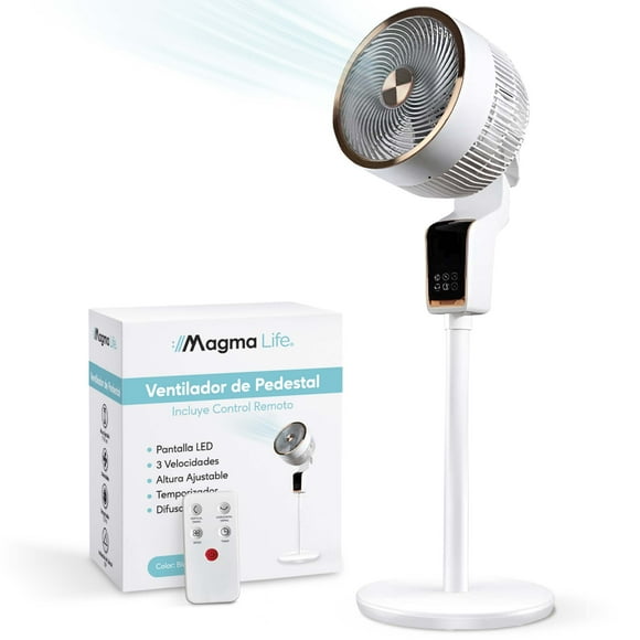 Magma Life Ventilador de Pedestal 50W, Control Remoto, Pantalla LED, 3 Velocidades, Temporizador 12H, Difusor de Aroma, Oscilación e Inclinación 90°, Altura Ajustable, Enfriamiento Silencioso (Blanco)