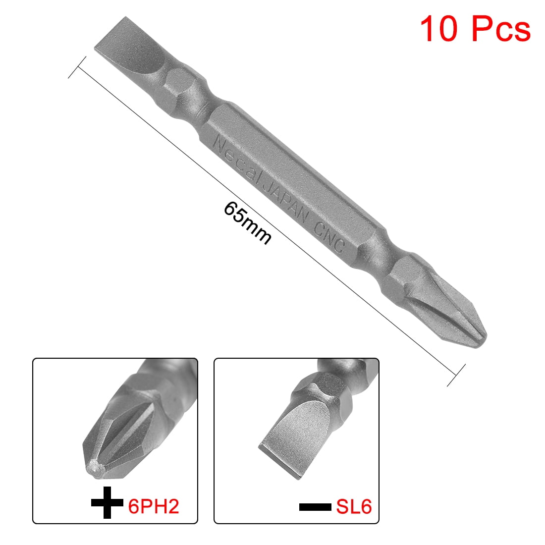 10Pcs 65mm Long S2 Magnetic -Slotted Screwdriver Bits 6PH2 SL6 Hex Head