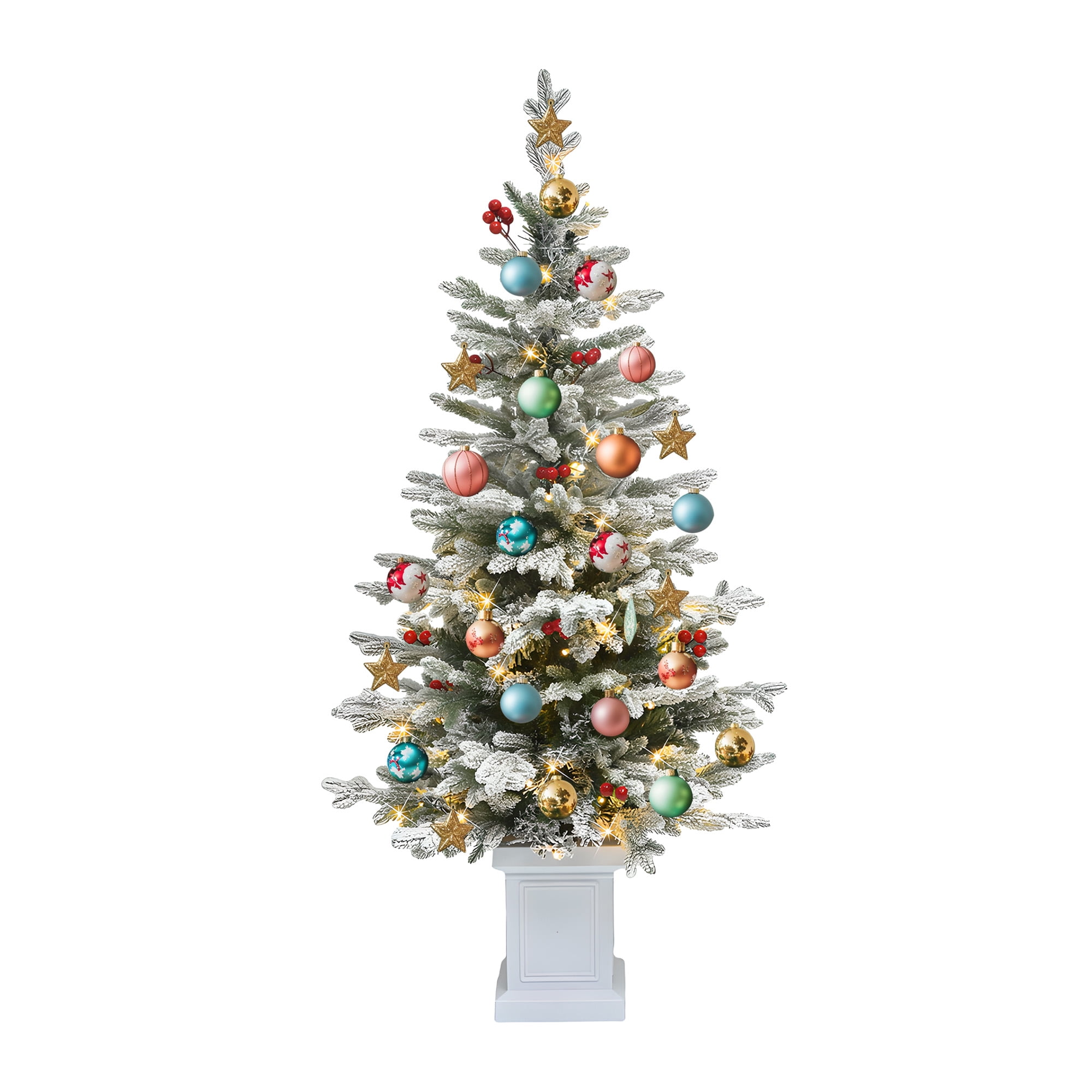 Uforic 4.5ft Potted Pre-Lit Flocked Pencil Christmas Tree with 358 PE & PVC Tips & 100 Lights, White Flocked