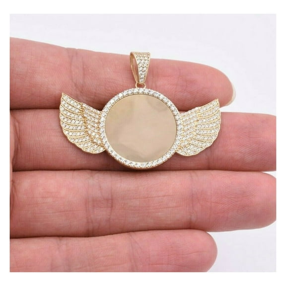 1 3/8" CZ Angel Wings Picture Frame Unisex Adult Pendant 10K Yellow Gold 5.75 Gr, Goldum NYC