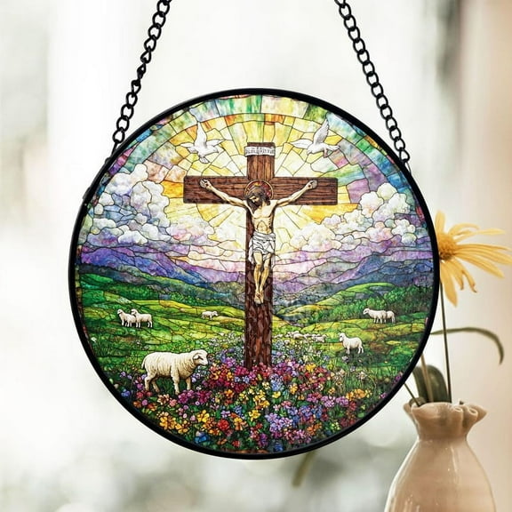Jesus Crucifixion Stained Glass Suncatcher, Religious Window Hanging, Christian Decor, Easter Home Accent, Faith Gift