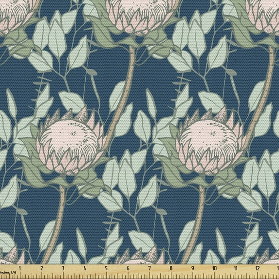 Spring Fabric by the Yard, Protea Blossoms Field Eucalyptus Leaves Exotic Meadow Botany Motif, Decorative Upholstery Fabric for Chairs & Home Accents, Rose Green and Night Blue by Ambesonne