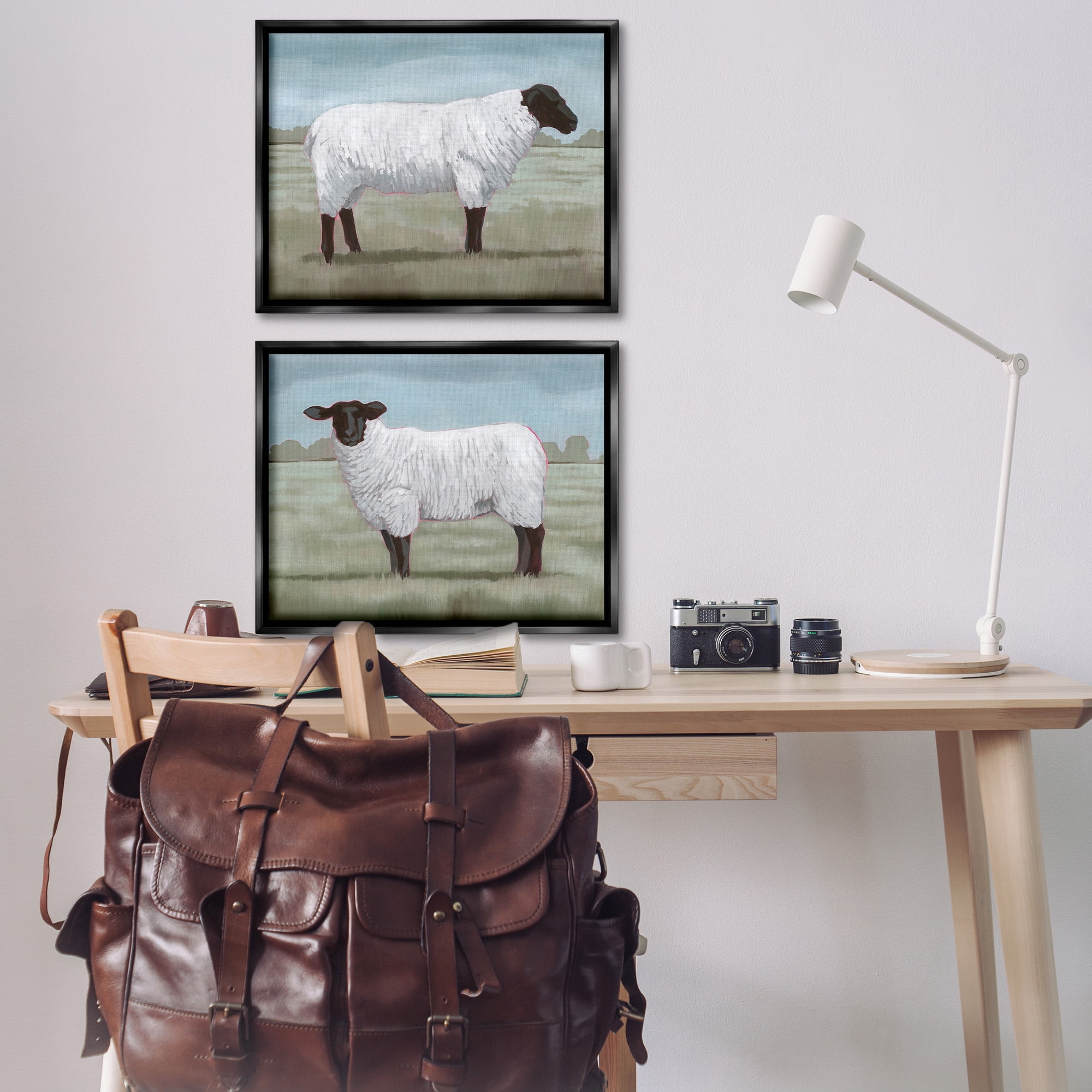 Stupell Industries Sheep Duo in Pasture Animals & Insects Painting Black Floater Framed Canvas Art Print Wall Art, 31 x 25, Set of 2