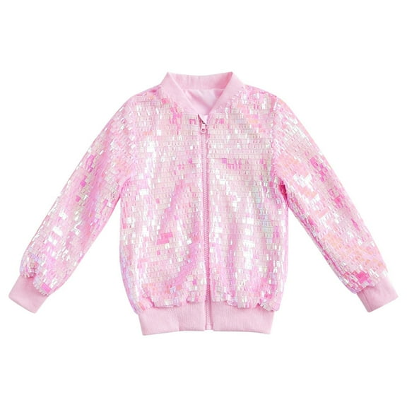 Efsteb Girls Jacket Sparkle Sequin Jacket Fall Fashion Glitter Shiny Coats Long Sleeve Zip Up Coat Outwear (Pink,M)