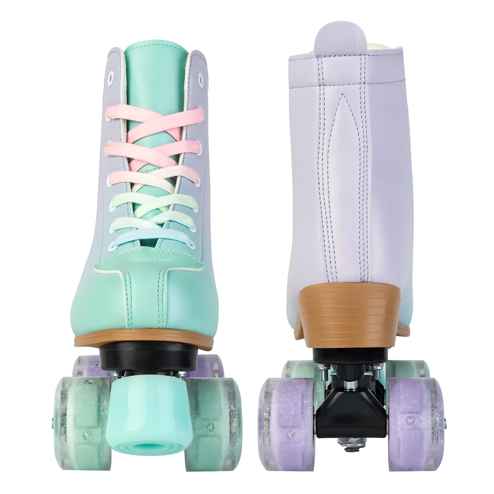 SLLINGLUO Roller Skates for Women, Grils High-Top Roller Skates Double Row Leather Shiny Quad Skates, Purple & Green, Size 6.5