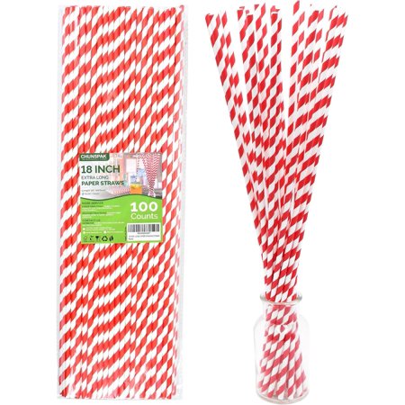 18 Inch Extra Long Paper Drinking Straws - For Large Drinks, Cotton Candy Sticks, DIY Crafts - Red, 100 Counts- 100% Biodegradable