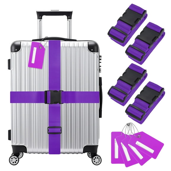 4-Sets Luggage Straps TSA Approved, Luggage Straps Suitcase Tags Set Adjustable Suitcase Belt [Purple]