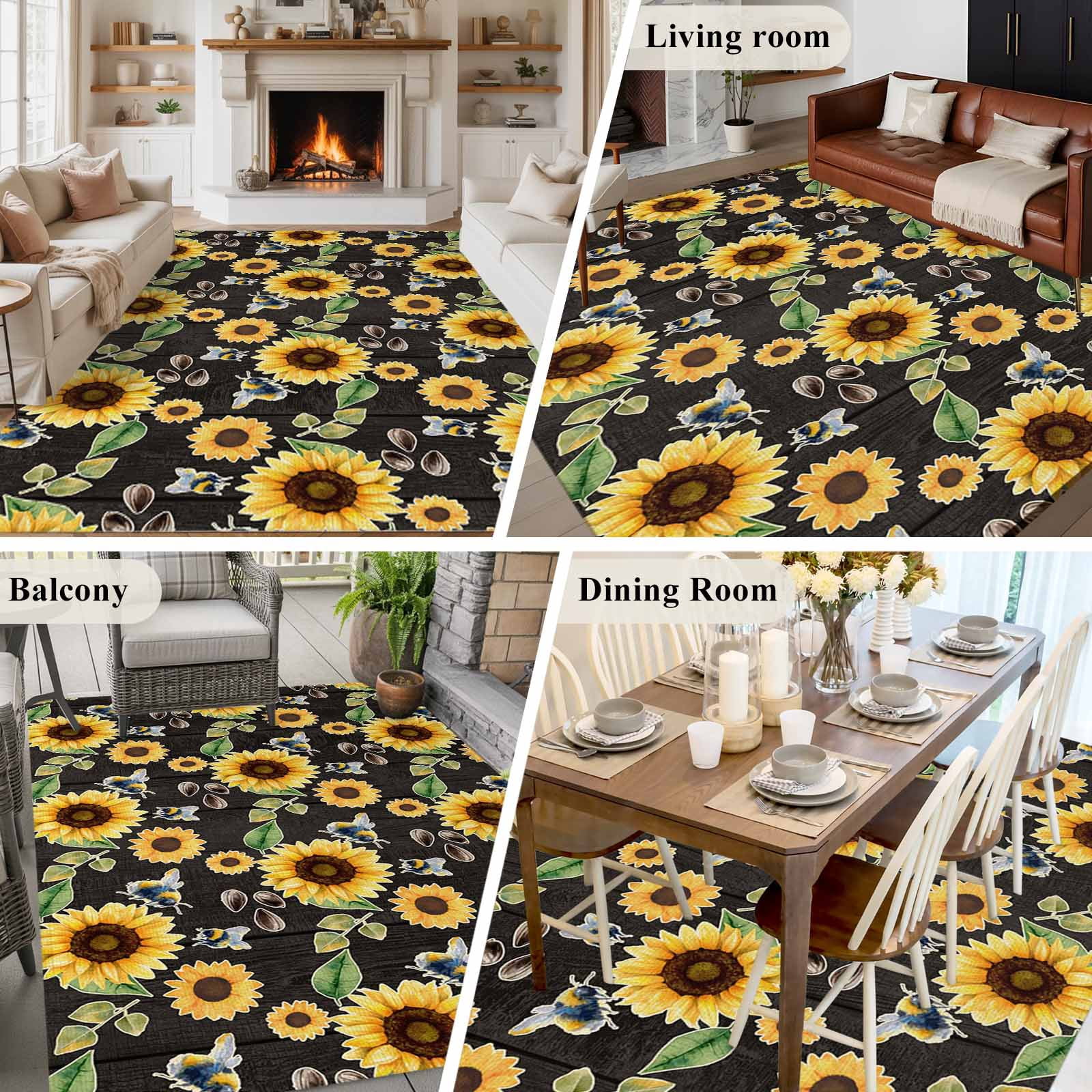 Large Area Rugs for Living Room Bedroom, Yellow Sunflowers 5'x8' Rug Washable Carpet Runner Indoor Outdoor, Summer Botanical Elegant Pastoral Bees Non Slip Floor Mats Rug for Kitchen, Bathroom
