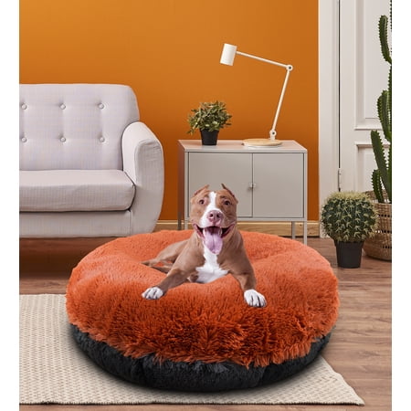 Bessie and Barnie Signature Rustic Brick / Wolfhound Grey Luxury Extra Plush Faux Fur Bagel Pet/Dog Bed