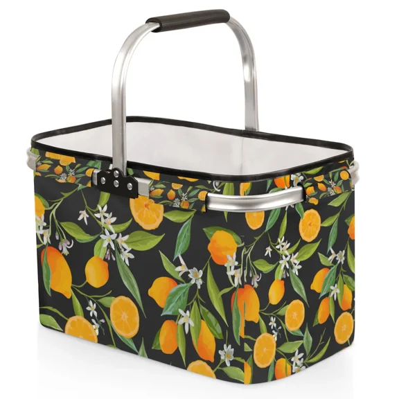 40L Collapsible Grocery Market Basket Lemon Print Shopping Basket Tote, Portable Folding Basket for Shopping, Picnic, Kitchen Storage