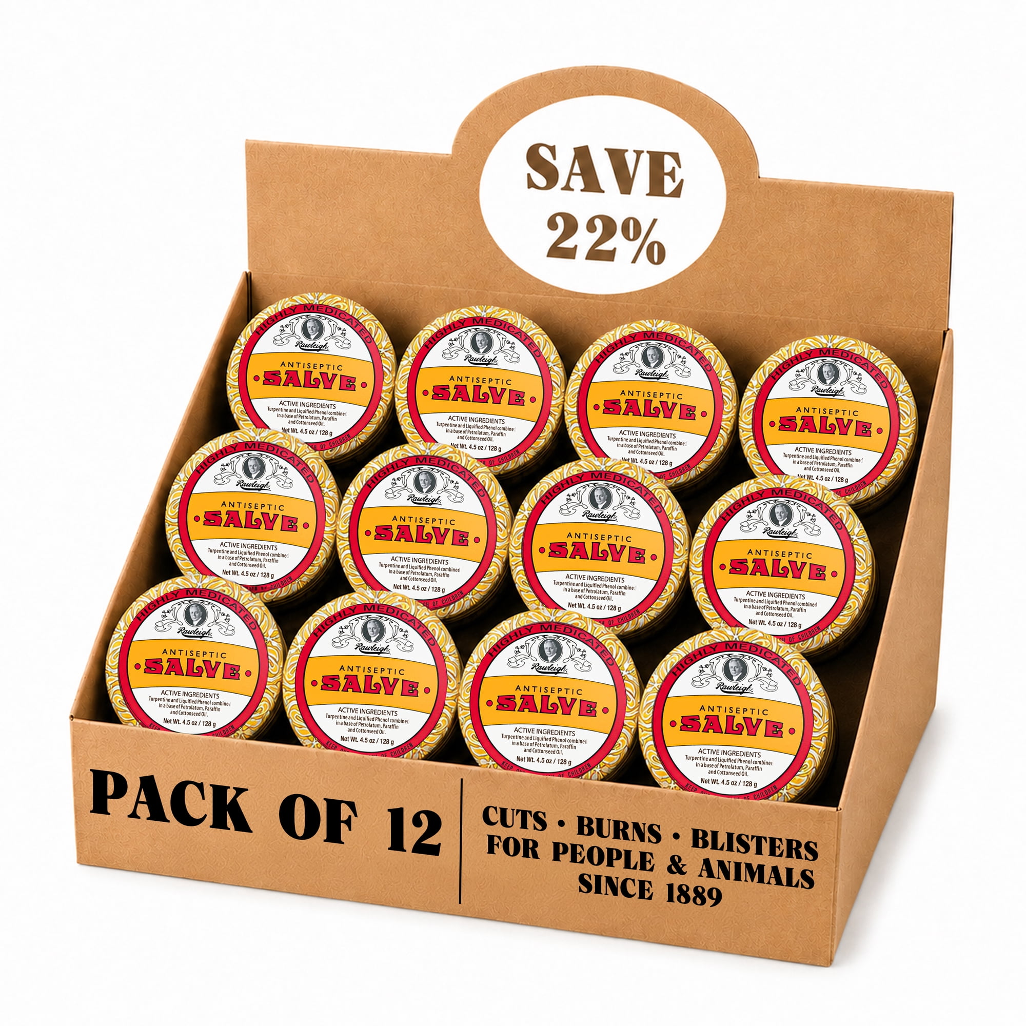 Rawleigh Antiseptic Salve for First Aid, Minor Cuts & Wounds, 12 Big Tins of 4.5 oz