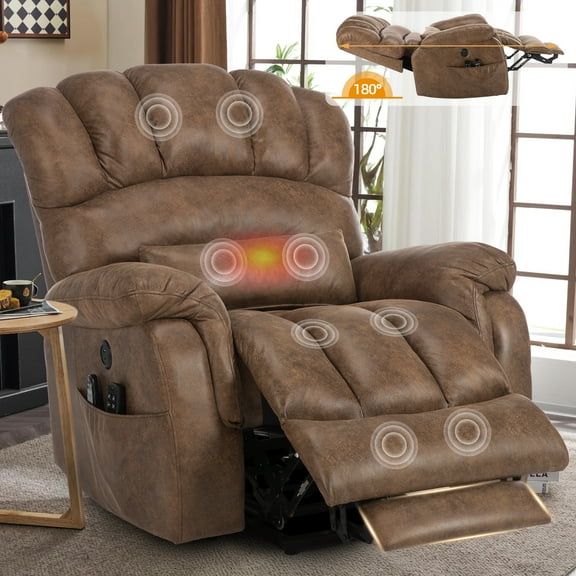 OUINCH Tall Man Oversized Dual Motor Power Lift Recliner w/Heat Massage, Large Lay Flat Sleeper Electric Recliner with Extended Footrest for Elderly, Lumbar Pillow, USB & Type-C Ports, Brown