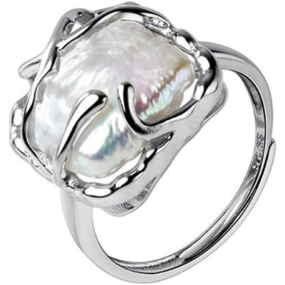 Baroque Pearl Ring for Women 925 Sterling Silver Irregular Pearls Fashion Statement Adjustable Open Wedding Band Suitable for Ladies Daily Wear Comfort Fit Birthday Anniversary Valentine's Day Gift