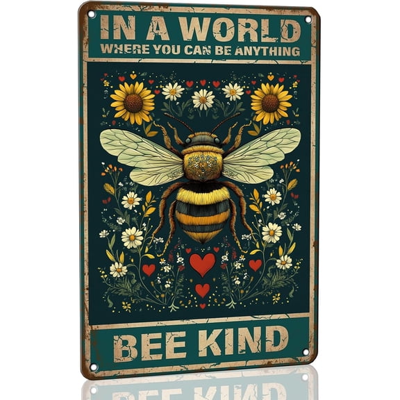 Vintage Metal Bee Kind Metal Tin Sign for Home Office Bar Yard Indoor Outdoor Wall Decor, 8 x 12 Inch