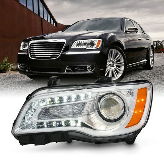 AKKON - Fits 2011-2014 Chrysler 300 Sedan Models LED Light Bar [Halogen Type] Chrome Bezel Projector Headlight Driver Left Side
