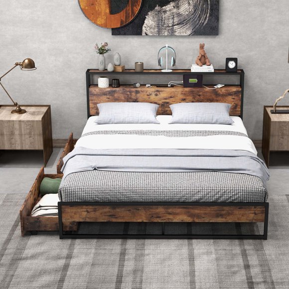 Costway Queen Industrial Platform Bed Frame with Drawer Storage Headboard Charging Station