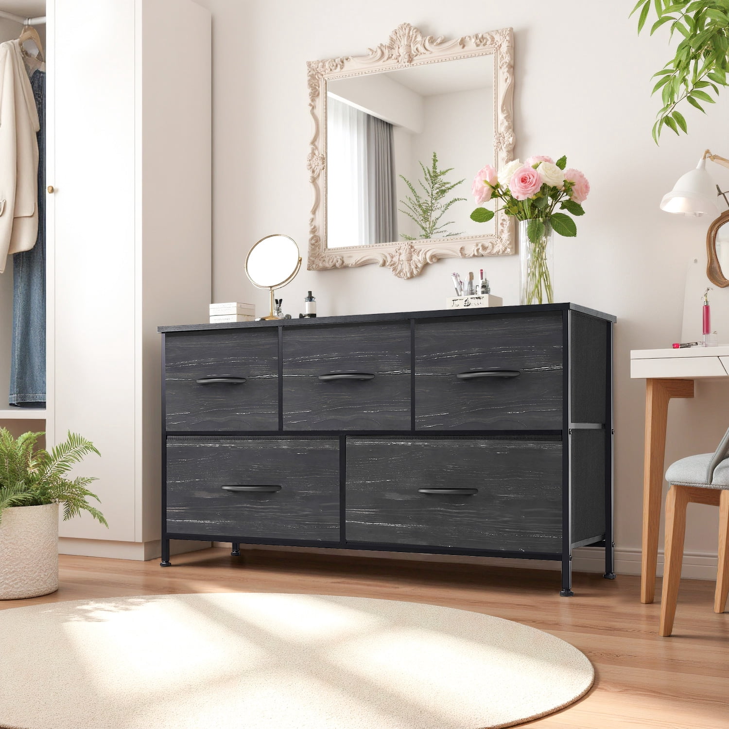 Beddle Dresser with 5 Fabric Drawers for Bedroom, Wide Storage Chest with Drawer Organizer for Closet or Living Room, Black