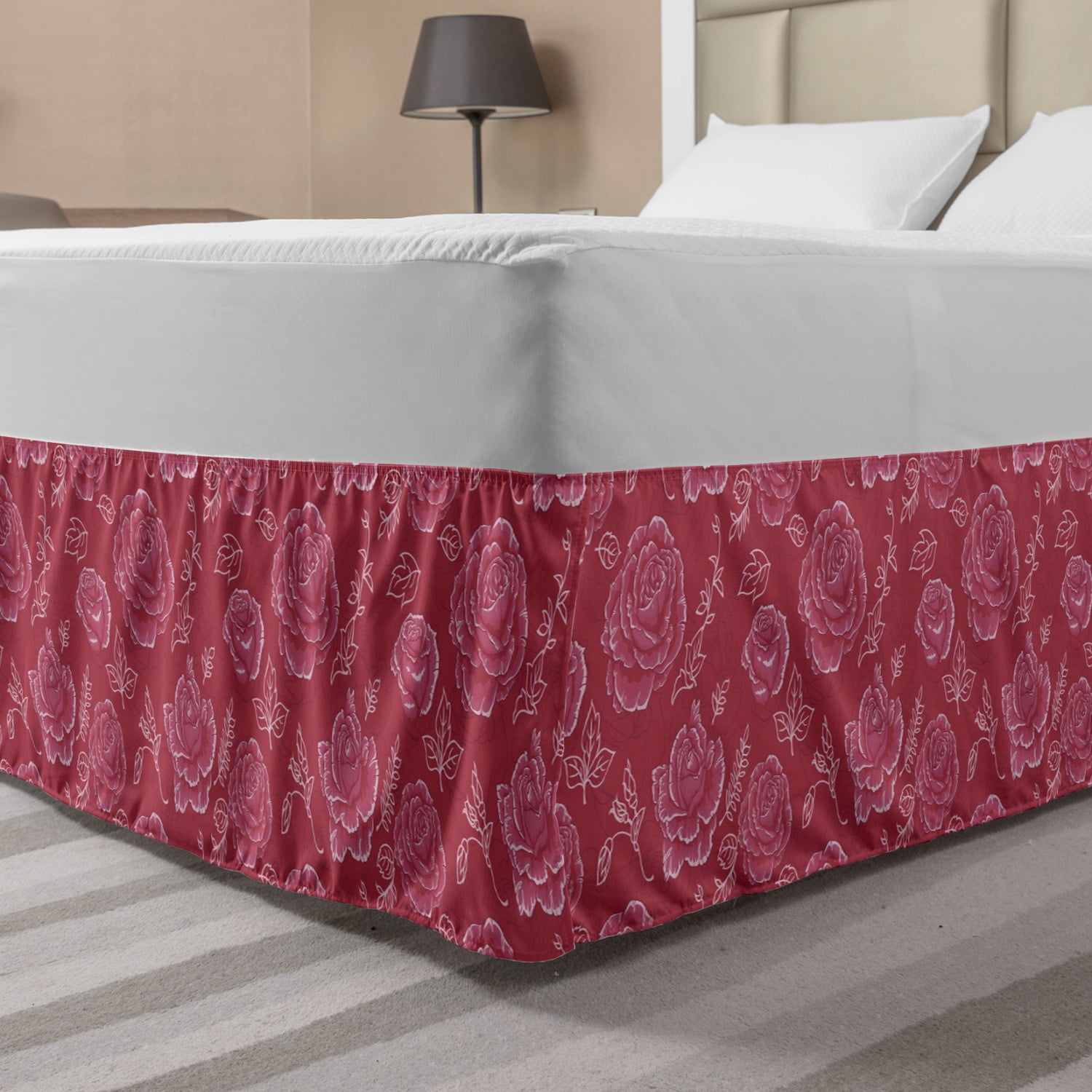 Floral Bed Skirt, Continuous Rose Flowers Buds Leaves Twigs Spring Tone