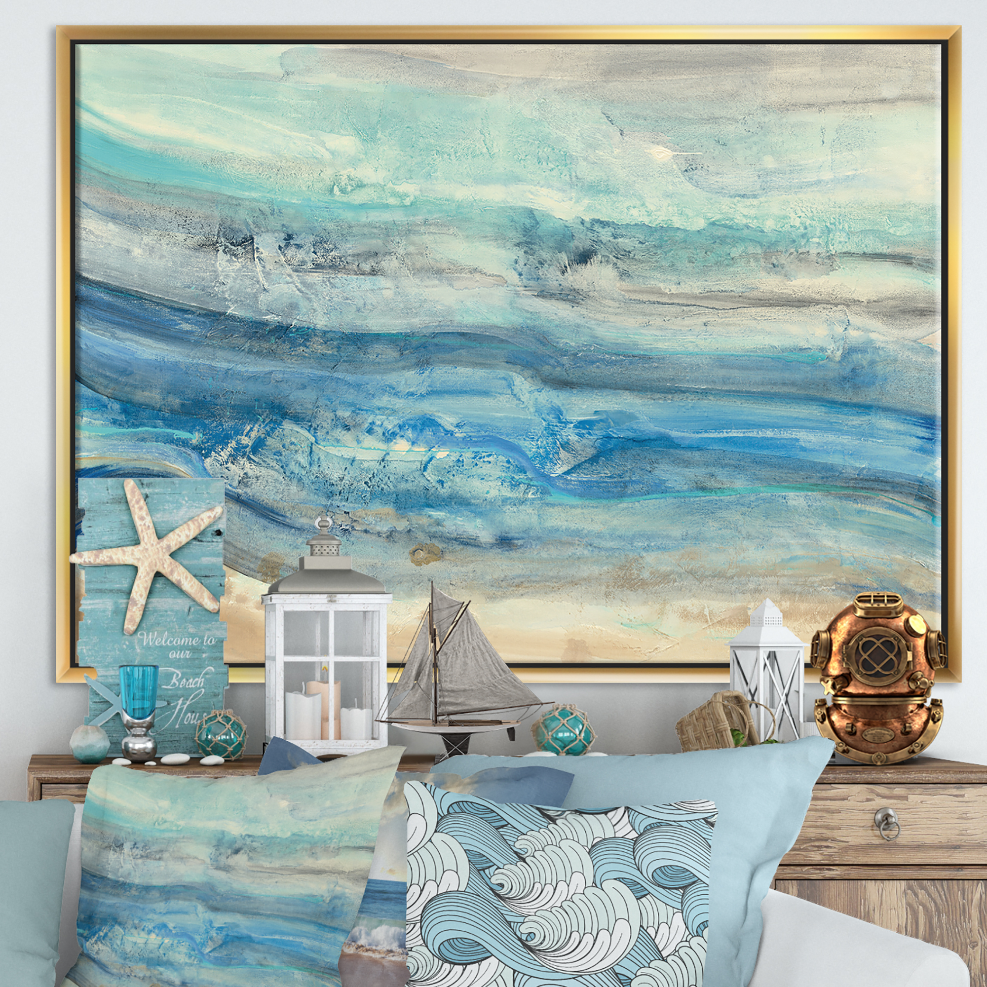 Designart ' Ocean Mineral Waves ' Nautical & Coastal Framed Canvas