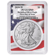2018-W Burnished $1 American Silver Eagle PCGS SP69 FDOI Flag Frame