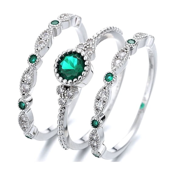 Amy and Annette 14K White Gold Plated Emerald Bezel French Miligrain Ring Set