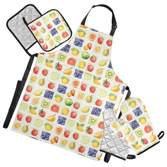 Orange Strawberry Grape Peer 5 Pcs Kitchen Set Heat Resistant Oven Mitts and Non-Slip Pot Holders with Adjustable Cooking Apron
