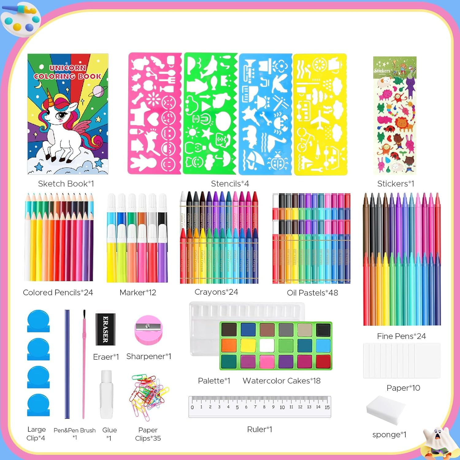 JYPS Art Supplies for Kids,Drawing Kits Unicorn Art Case Coloring Set with Double Sided Trifold Easel,Crayon,Colored Pencil,Marker,Coloring Book,Stencil,Sticker,Drawing Stuffs Gifts for Girls 4-12