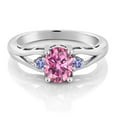 thumbnail image 2 of Gem Stone King 925 Sterling Silver Pink Moissanite and Blue Tanzanite 3 Stone Engagement Ring for Women | 1.46 Cttw | Oval 8X6MM | Round 2MM | Gemstone Birthstone | Size 6, 2 of 4