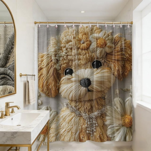 Faux Embroidery Printed Shower Curtain 70x70 Inches Waterproof and Moldproof with Rust-Proof Grommets and Hooks for Bathroom Decor