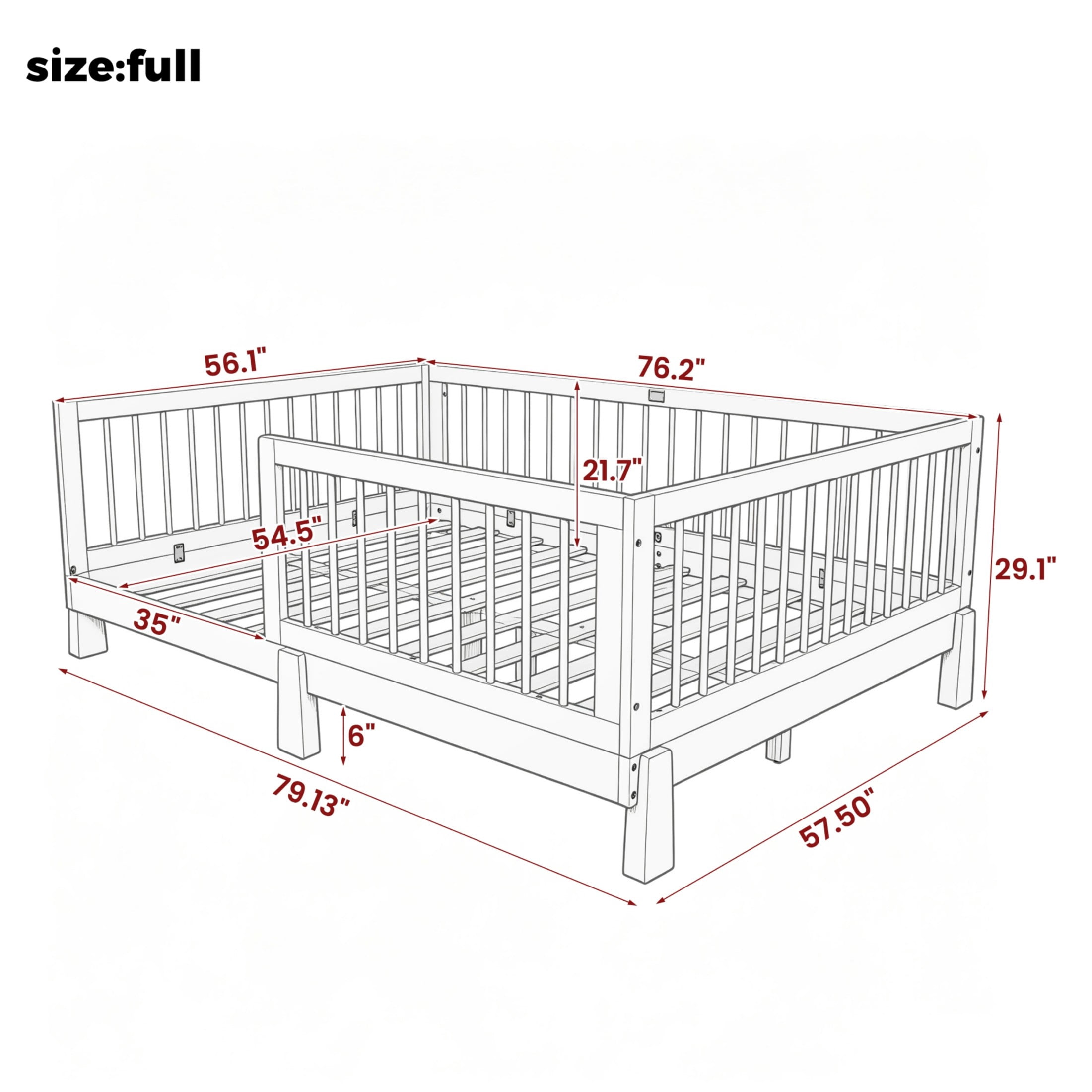 GDF Studio Rolley Full-Size 3-in-1 Convertible Montessori Floor Bed with Guardrails, Pine Wood Kids Bed Frame, Natural