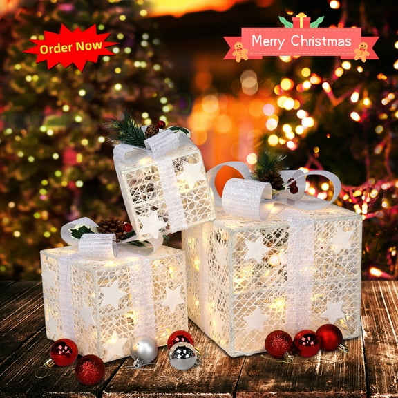 Tcbosik 3-Piece Lighted Gift Boxes, Pre-Lit Present Christmas Decoration for Indoor & Outdoor, Garden, Yard, Patio, White