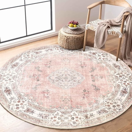 Pink Round Rug3ft,Circle Washable Area Rugs for Bedroom Living Room Bathroom,Boho Small Non Slip Circular Carpet,Blush Floral