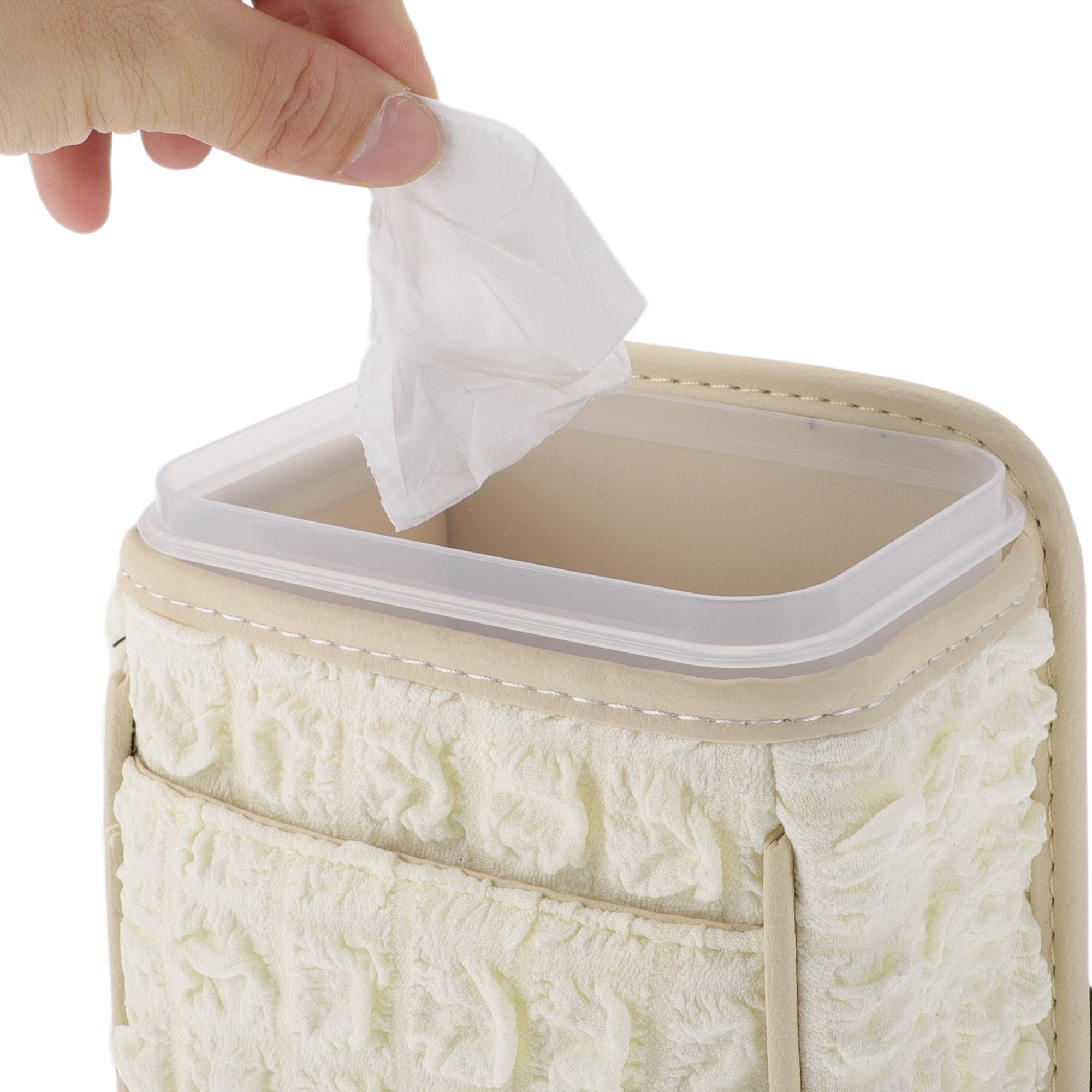 Unique Bargains Car Trash Can Hanging 5.9x4.3x7.5in Bin Fabric 1 Pcs Beige White