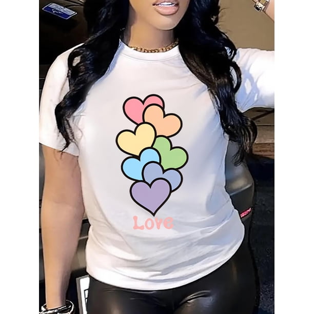 Camiseta de mujer 100 % algodón transpirable, de fácil cuidado y con estampado de corazones. Ideal para uso casual y deportivo, manga corta y cuello redondo para primavera y verano. Ideal para adultos
