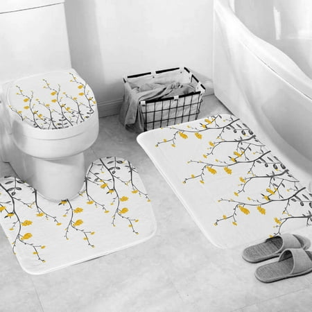 3 Pcs Yellow Flowers Bathroom Rug Sets, Non Slip Bath Mat, Contour Mat and Toilet Lid Cover, Bathroom Mats Shower Mats Bath Rug Mat for Tub Shower and Bathroom