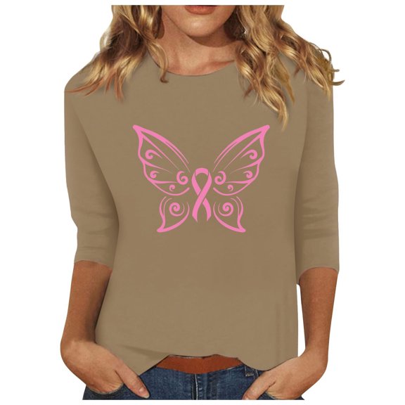 IROINNID On Sale Breast Cancer Pullover for Women Breast Cancer Awareness Comfy Printed Loose T-shirt 3/4 Sleeves Blouse Round Neck Tops,Khaki